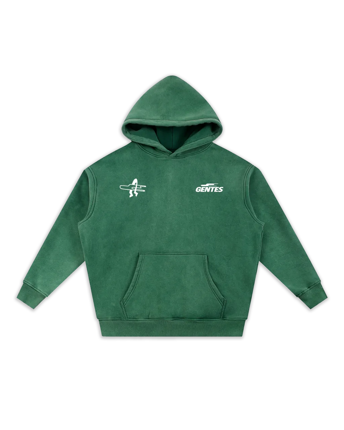 Face du sweat Surfy, coloris dark green délavé avec un logo coeur et un anti-coeur. Logo de la marque gentes et logo surf gentes.
