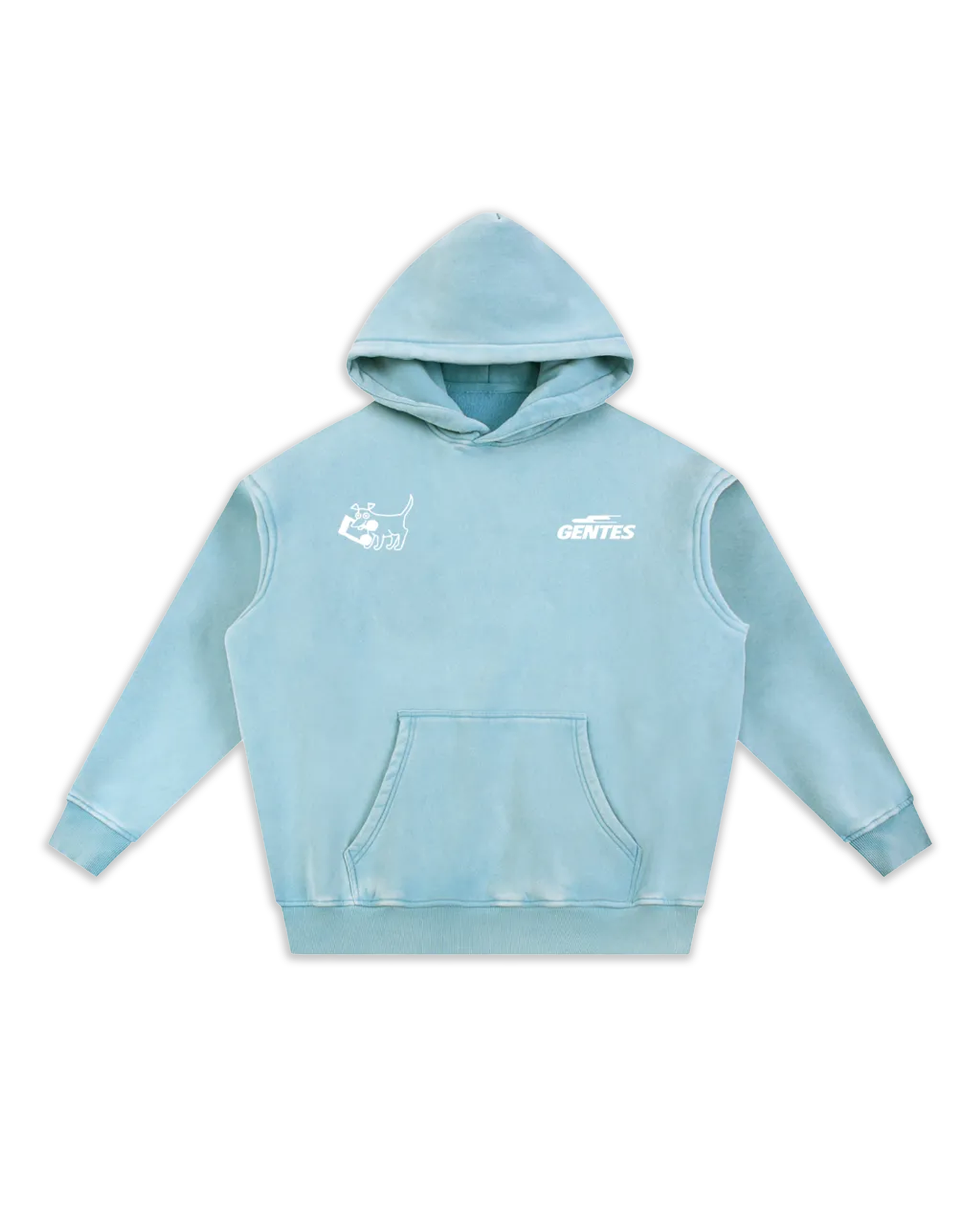 Face du sweat Doggy, coloris blue lake délavé avec un logo coeur et un anti-coeur. Logo de la marque gentes et logo dog.