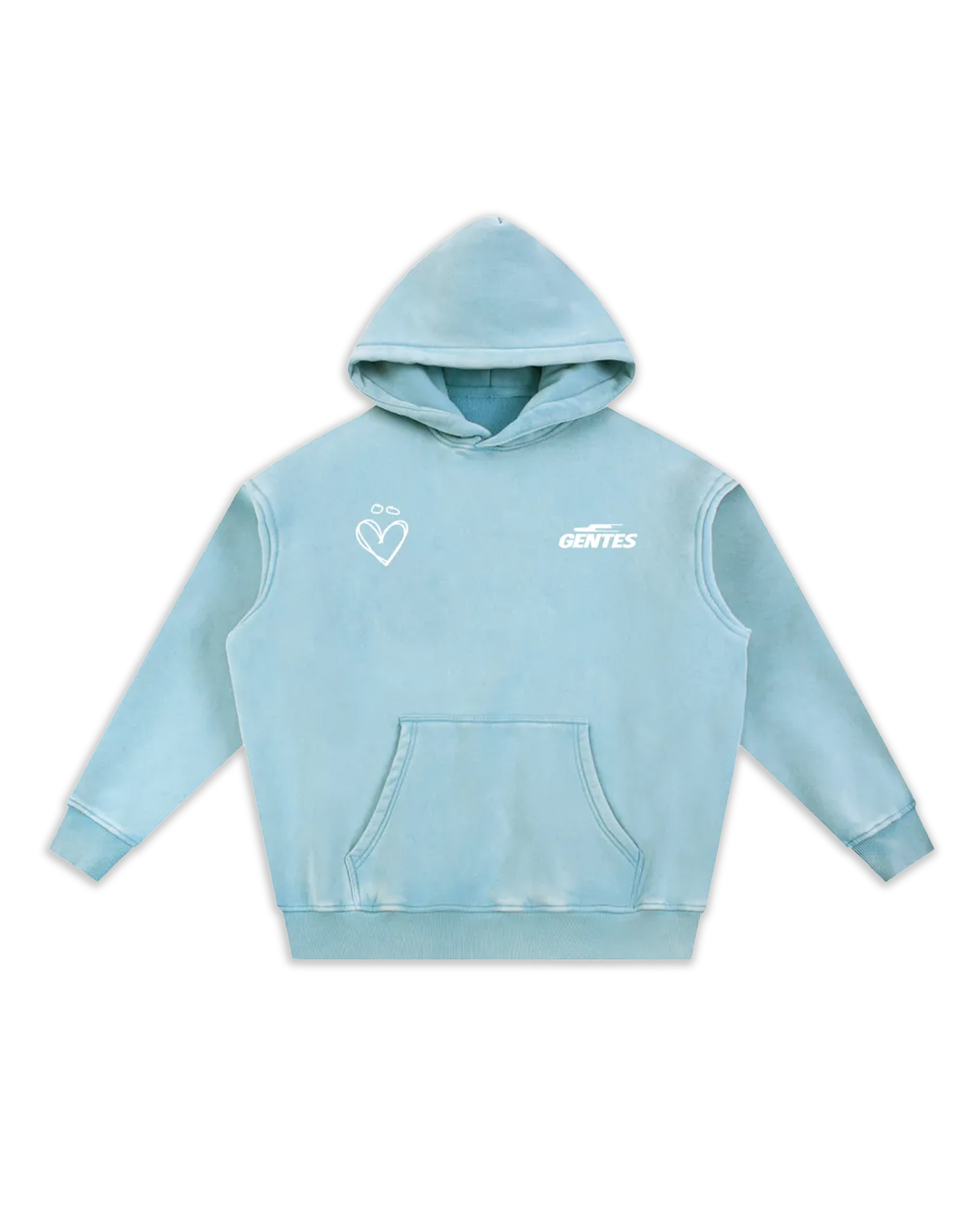 Face du sweat Joly, coloris blue lake avec un logo coeur et un anti-coeur. Logo de la marque gentes et logo joly en forme de coeur.