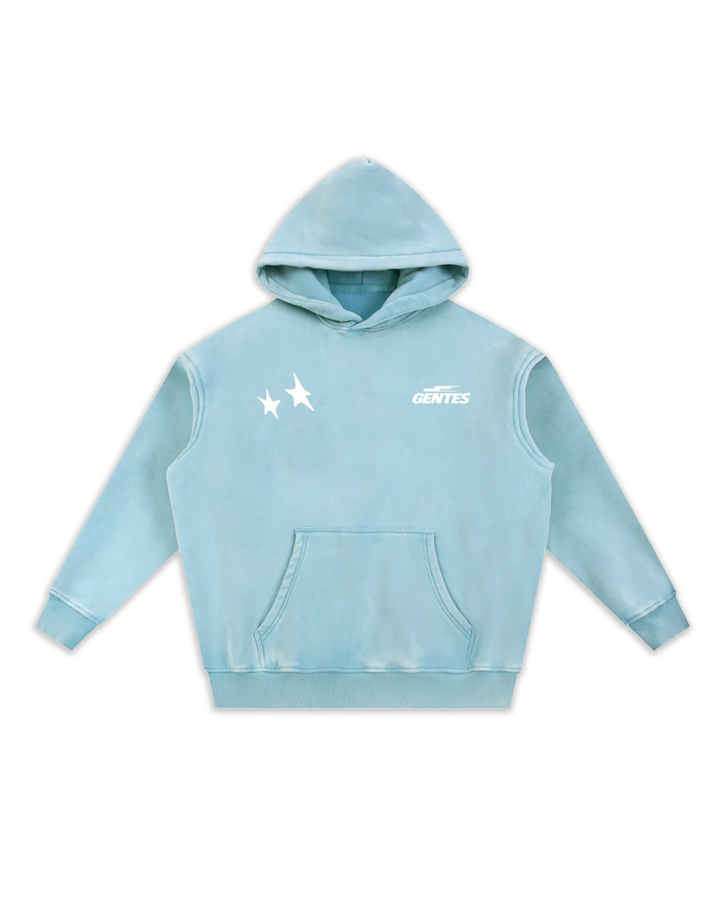 Face du sweat Stary, coloris blue lake délavé avec un logo coeur et un anti-coeur. Logo de la marque gentes et logo avec deux étoiles gentes.
