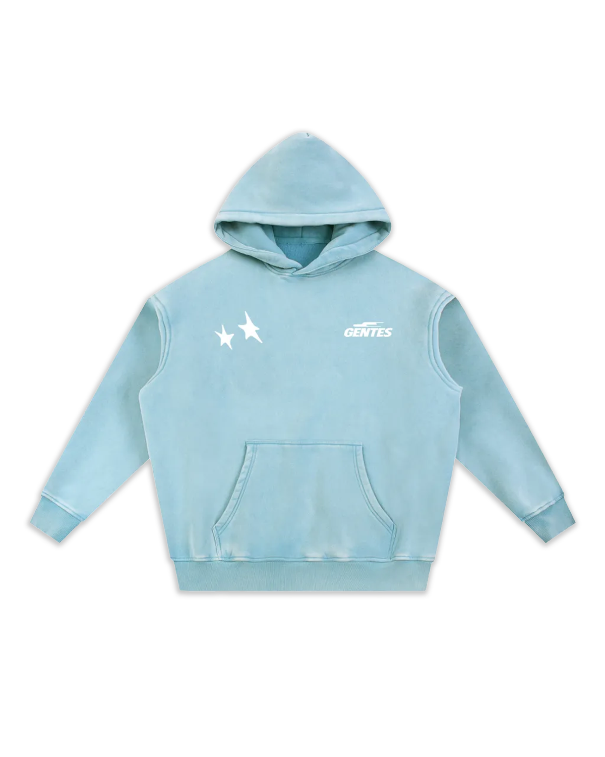 Face du sweat Stary, coloris blue lake délavé avec un logo coeur et un anti-coeur. Logo de la marque gentes et logo avec deux étoiles gentes.