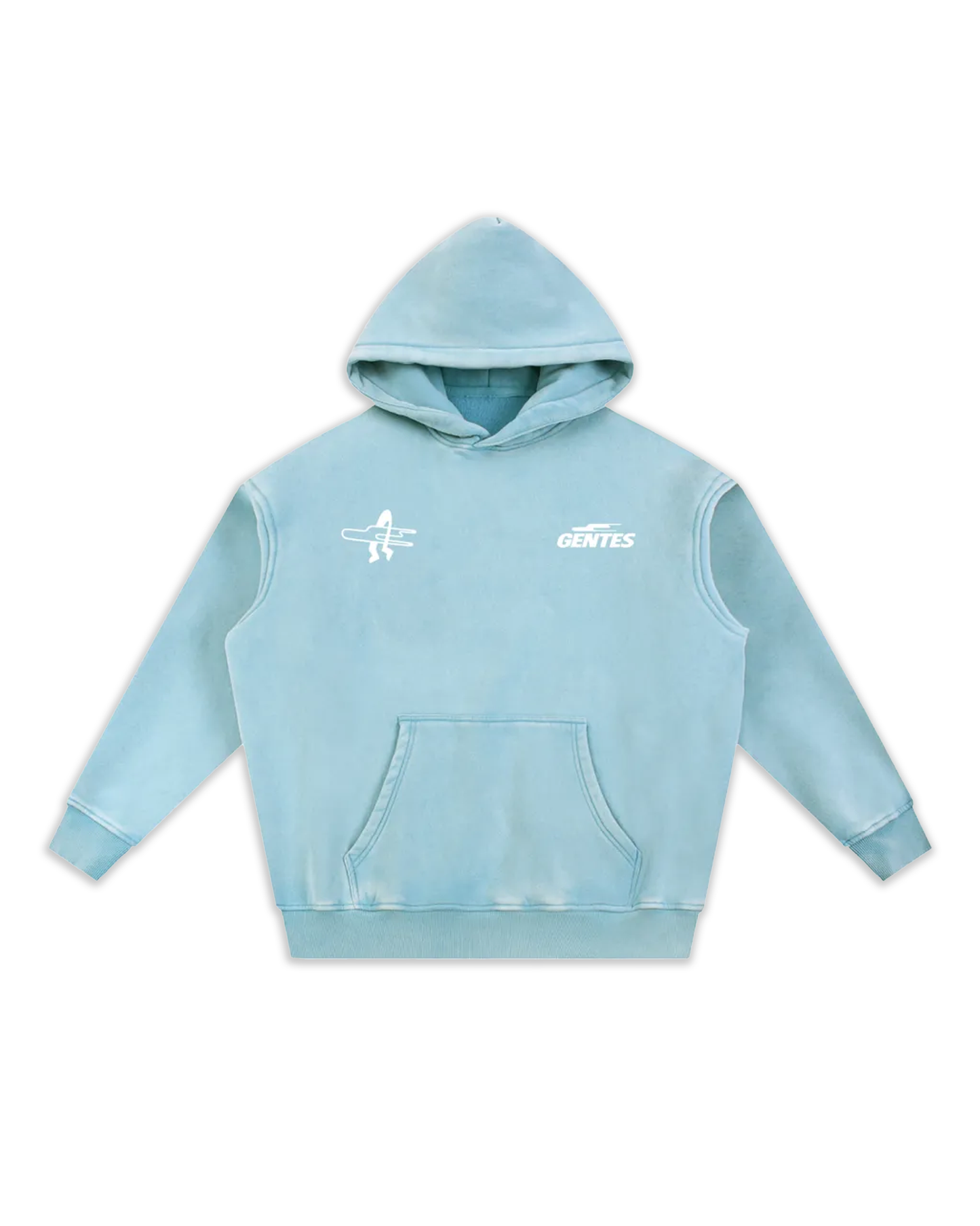 Face du sweat Surfy, coloris blue lake délavé avec un logo coeur et un anti-coeur. Logo de la marque gentes et logo surf gentes.