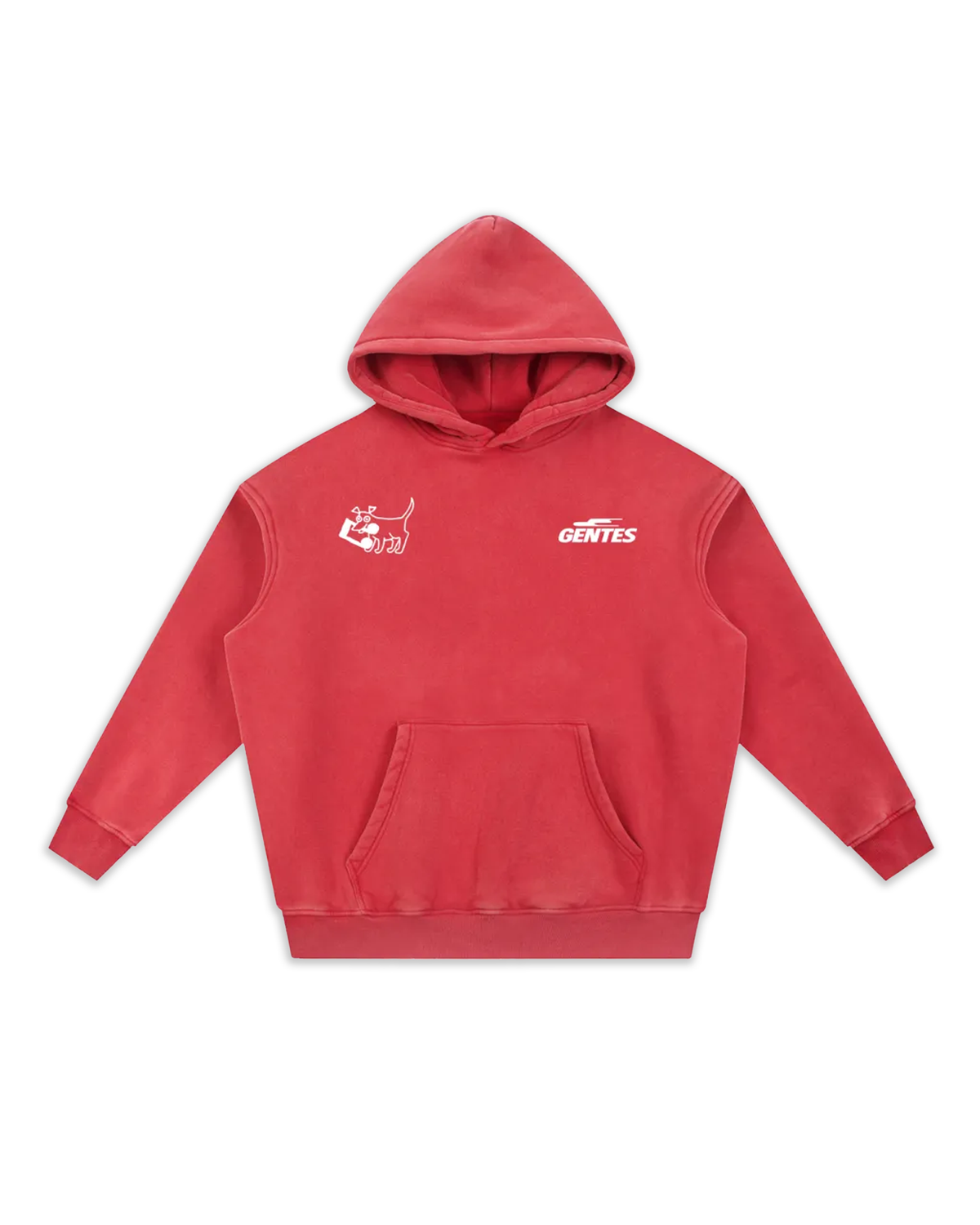 Face du sweat Doggy, coloris red délavé avec un logo coeur et un anti-coeur. Logo de la marque gentes et logo dog.