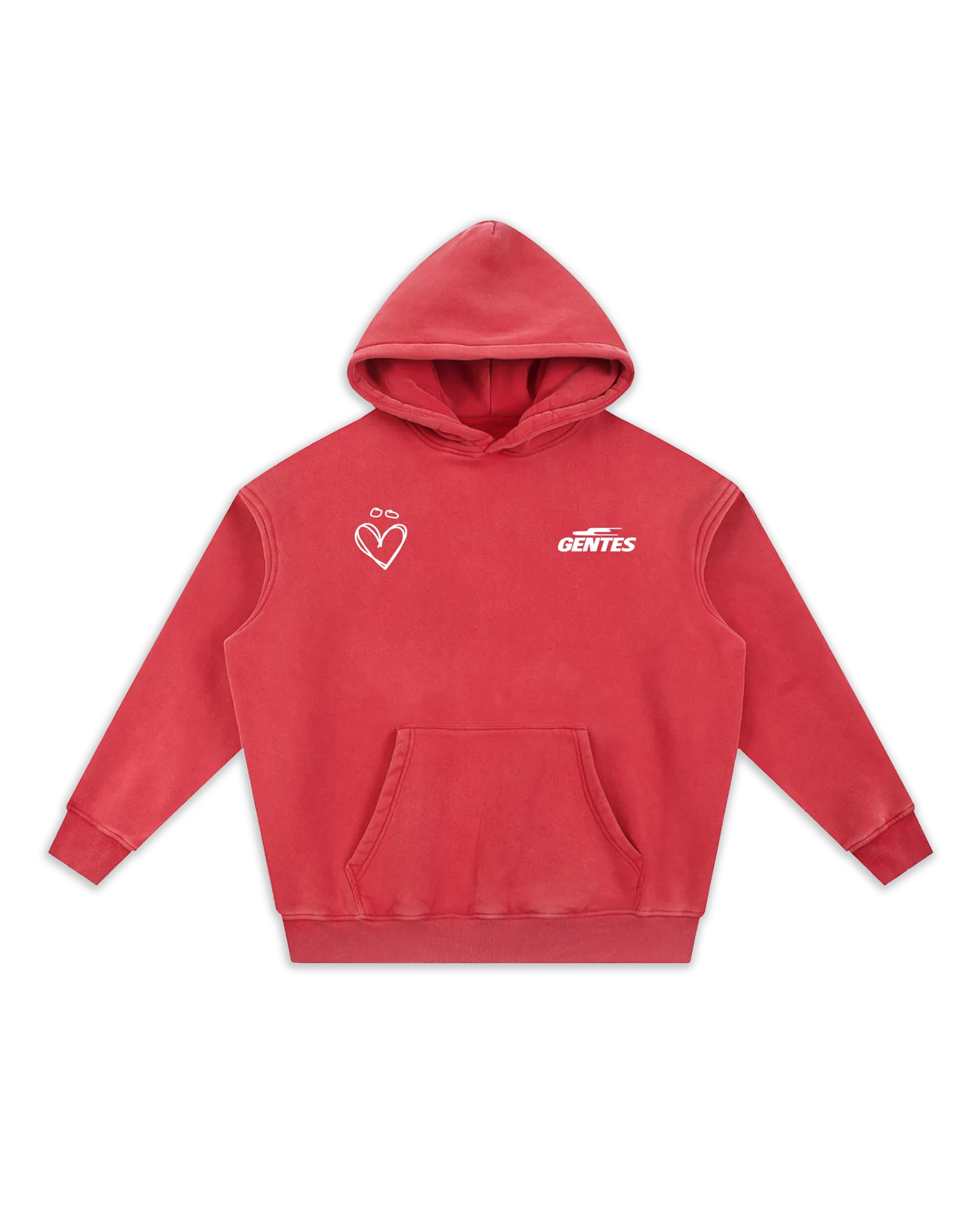 Face du sweat Joly, coloris red délavé avec un logo coeur et un anti-coeur. Logo de la marque gentes et logo joly en forme de coeur.