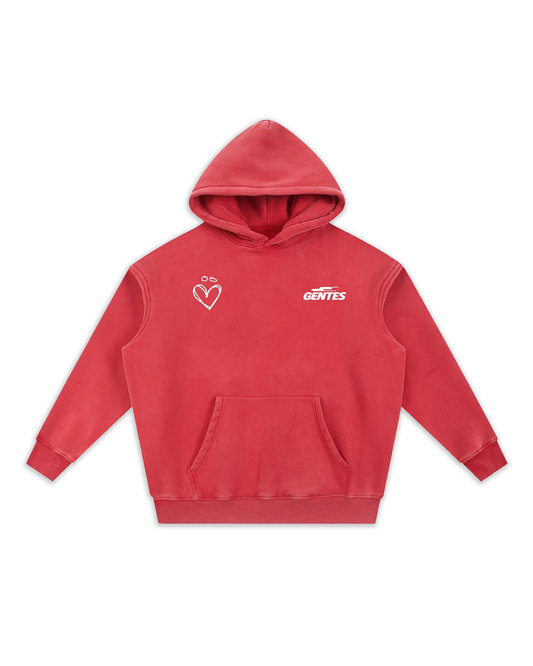 Face du sweat Joly, coloris red délavé avec un logo coeur et un anti-coeur. Logo de la marque gentes et logo joly en forme de coeur.