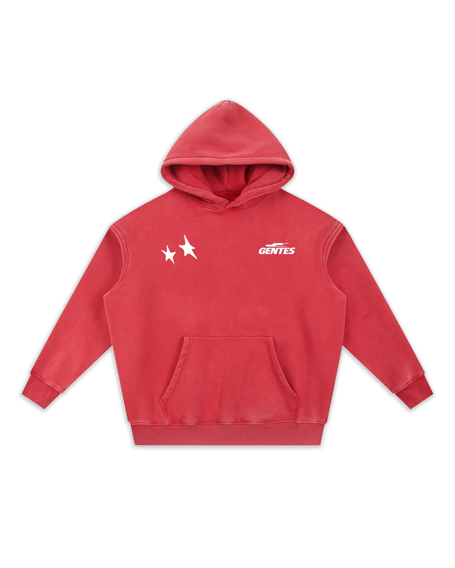 Face du sweat Stary, coloris red délavé avec un logo coeur et un anti-coeur. Logo de la marque gentes et logo avec deux étoiles gentes.