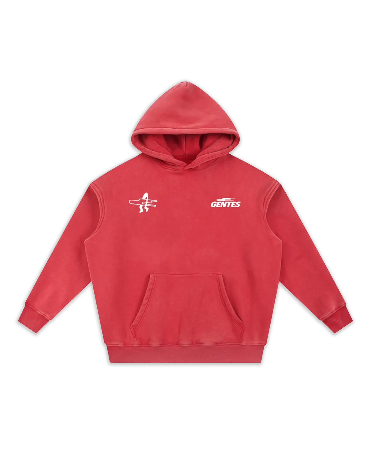 Face du sweat Surfy, coloris red délavé avec un logo coeur et un anti-coeur. Logo de la marque gentes et logo surf gentes.